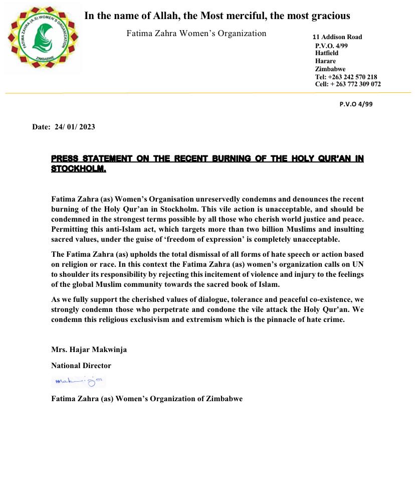 Fatima Zahra (as) Women’s Organisation unreservedly condemns and denounces the recent burning of the Holy Qur’an in Stockholm